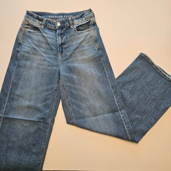 AE Dreamy Drape Stretch Super High-Waisted Baggy Wide-Leg Jean Med Wash Size 0 - Picture 7 of 14